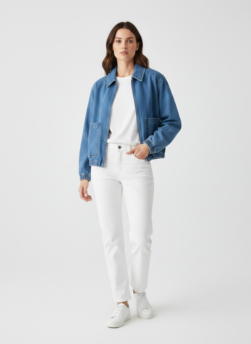 Denim Bomberjacke mit Reißverschluss und Taschen