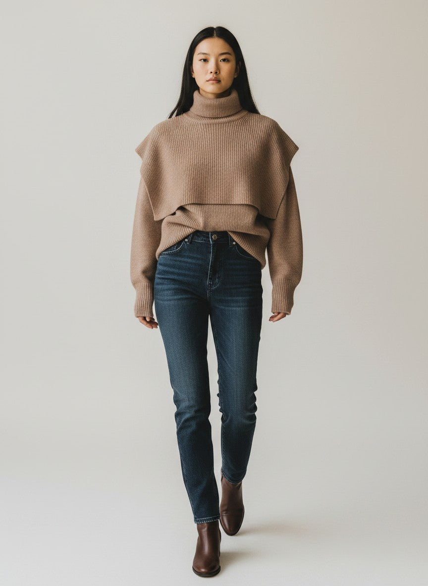 BubiniSegreti beiger Strickpullover mit Rollkragen und überschnittenen Schultern, getragen mit dunkler Jeans.