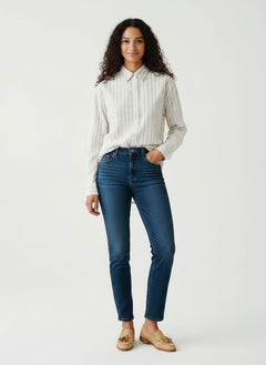 BubiniSegreti aNYplace long-sleeve cotton shirt with grey and white stripes worn by a model with blue jeans