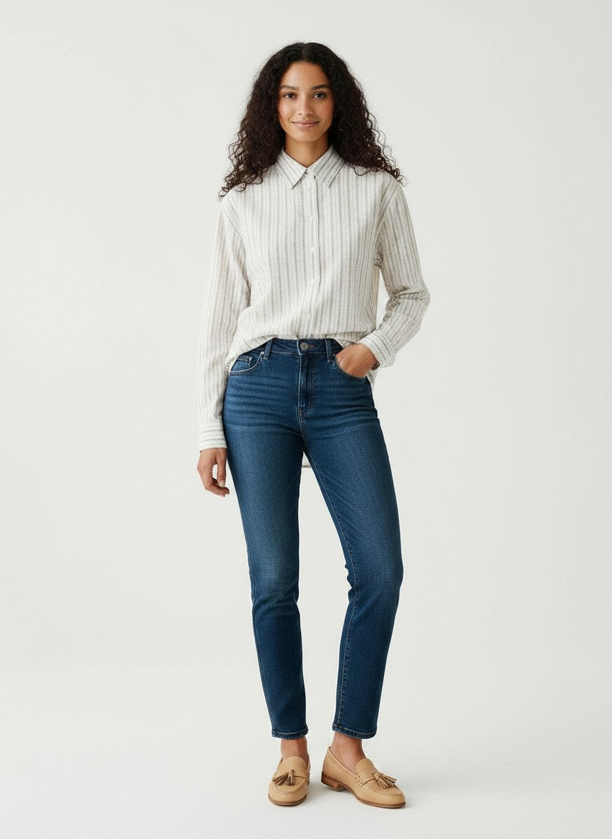 BubiniSegreti aNYplace long-sleeve cotton shirt with grey and white stripes worn by a model with blue jeans
