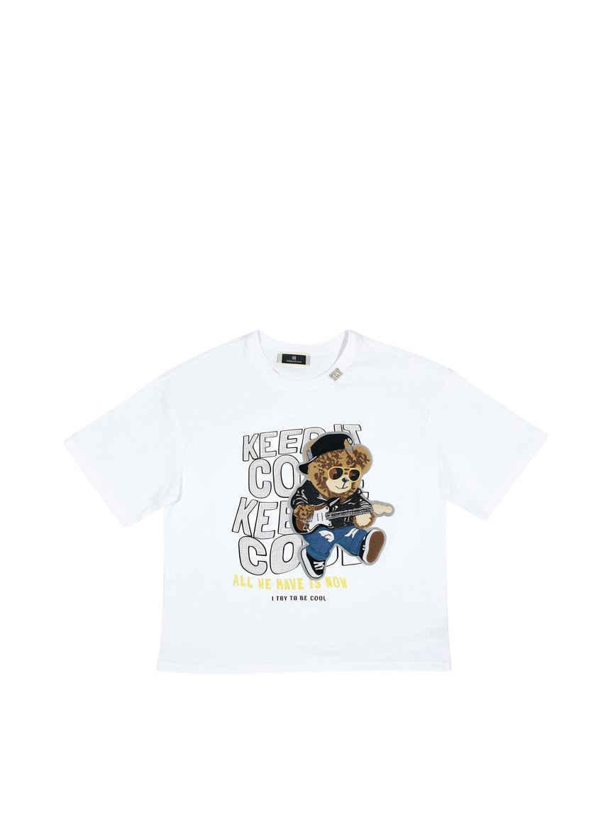 BubiniSegreti weißes Baumwoll-T-Shirt mit Bären-Print und Gitarre, Schriftzug "KEEP IT COOL"