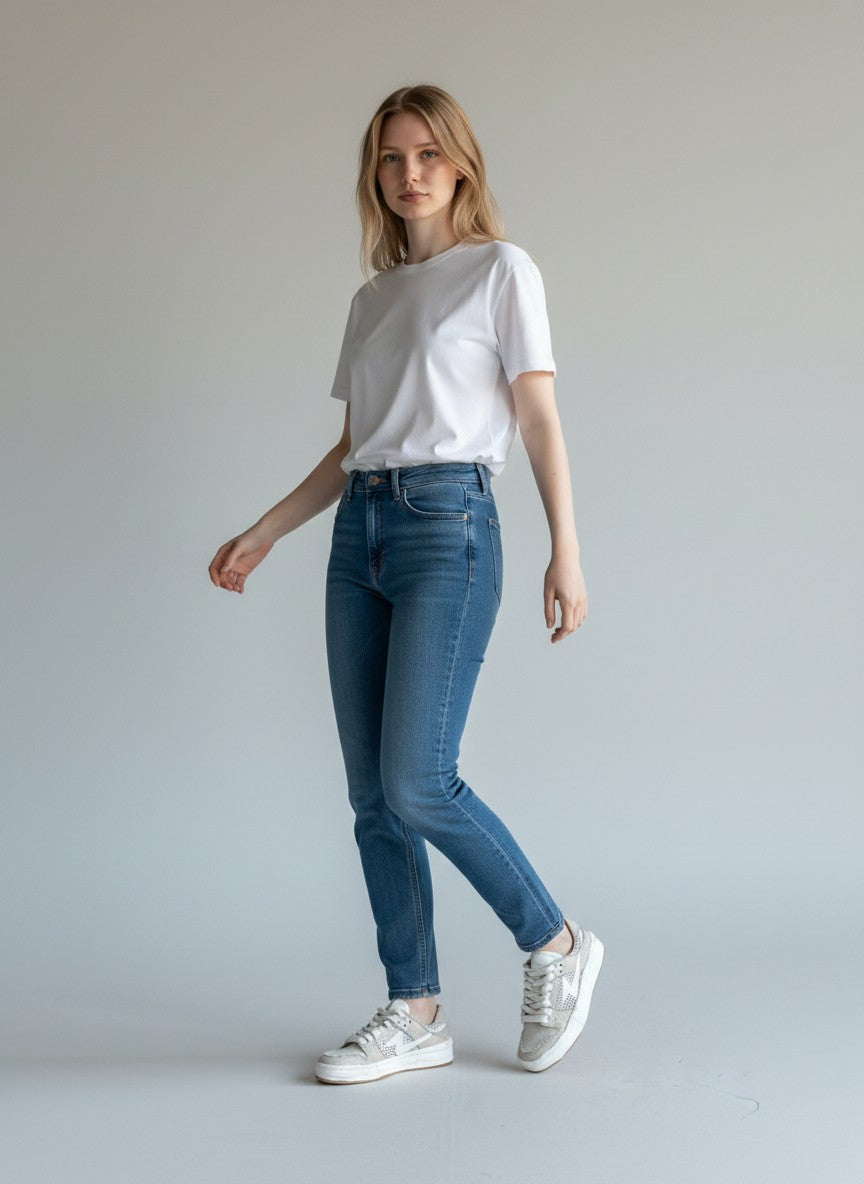 Eine Frau trägt BubiniSegreti Sneaker in Beige und Metallic mit Used-Look, kombiniert mit blauer Jeans und weißem Shirt