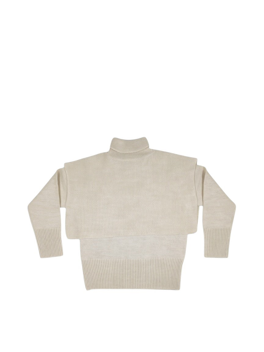 BubiniSegreti beiger Damen-Strickpullover mit Rollkragen und modernem zweilagigem Design sowie breiten Rippbündchen
