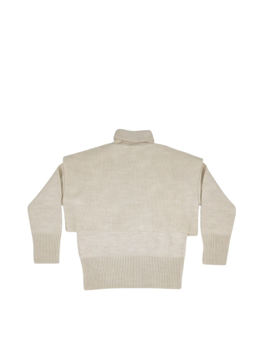 BubiniSegreti beiger Damen-Strickpullover mit Rollkragen und modernem zweilagigem Design sowie breiten Rippbündchen.