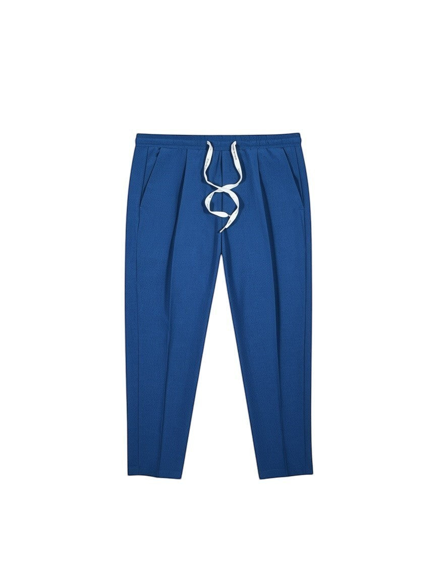 BubiniSegreti blaue Herren-Stoffhose mit elastischem Bund, Kordelzug und Bügelfalten für einen eleganten Freizeit-Look.