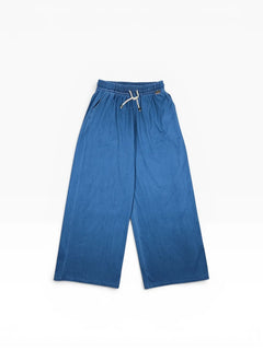 BubiniSegreti blaue Jeans-Culottes mit elastischem Bund und Kordelzug, weit geschnitten, aus weichem Denim.