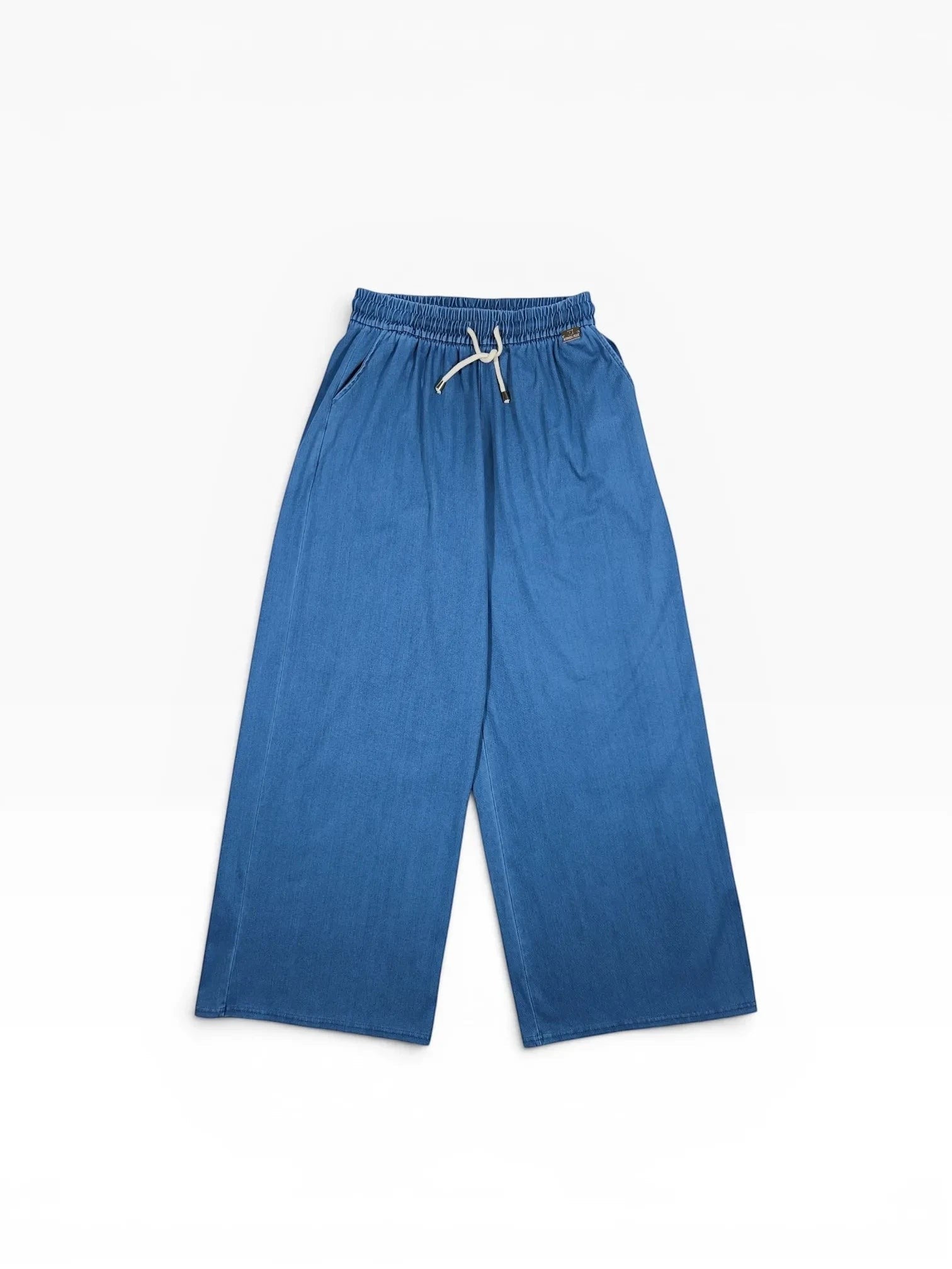 BubiniSegreti blaue Jeans-Culottes mit elastischem Bund und Kordelzug, weit geschnitten, aus weichem Denim.
