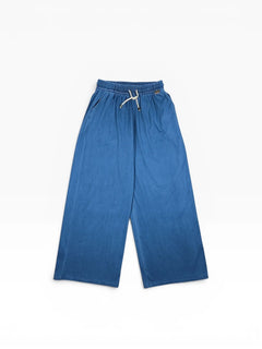 BubiniSegreti blaue Jeans-Culottes mit elastischem Bund und Kordelzug, weit geschnitten, aus weichem Denim.