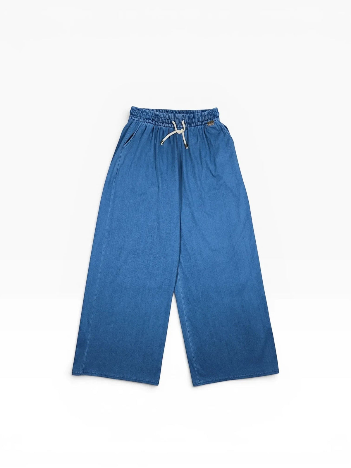 BubiniSegreti blaue Jeans-Culottes mit elastischem Bund und Kordelzug, weit geschnitten, aus weichem Denim.