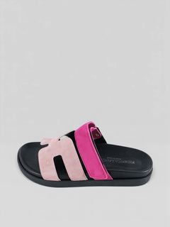 BubiniSegreti Damen-Pantoletten aus Veloursleder in Pastellrosa und Pink mit schwarzer Plateausohle und Klettverschluss