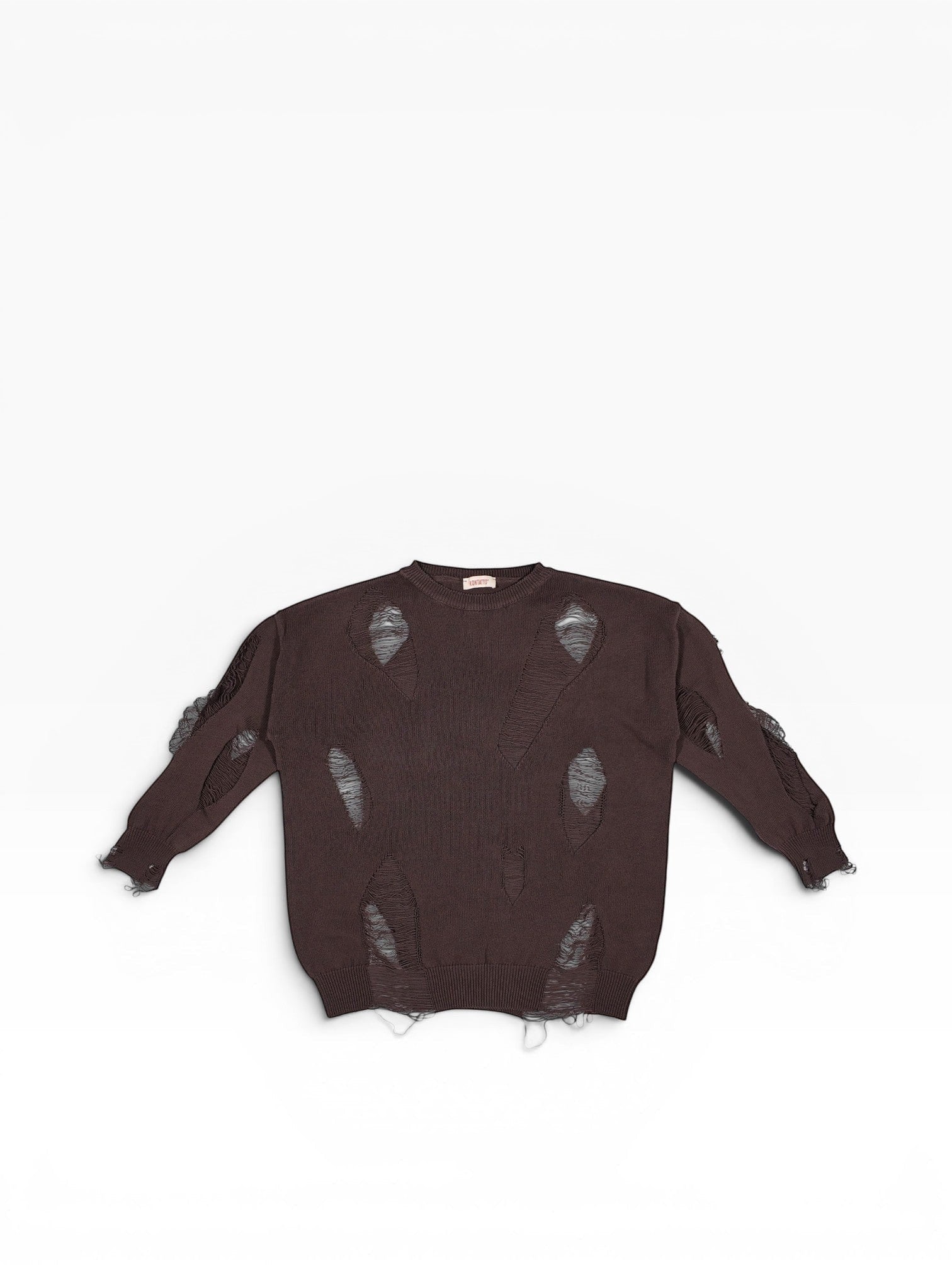 Dunkelbrauner BubiniSegreti Strickpullover im Grunge-Look mit Distressed-Details und Rissen für Damen.