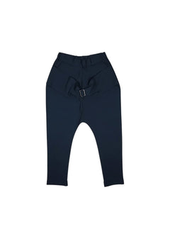 BubiniSegreti dunkelblaue Damen-Stoffhose mit tiefem Schritt, elastischem Bund und dekorativer Schnalle vorne