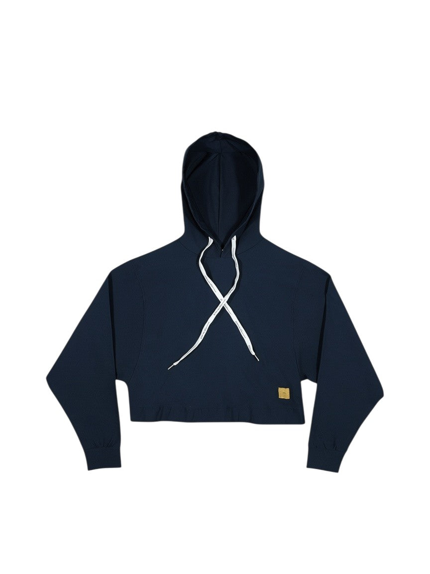 BubiniSegreti dunkelblauer Cropped-Hoodie für Damen mit Kapuze, weißen Kordelzügen und goldenem Logo-Detail am Saum.