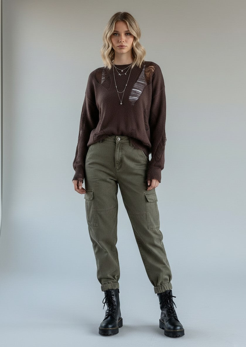 BubiniSegreti dunkelbrauner Strickpullover im Grunge-Look mit Distressed-Details, getragen von einem Model zur Cargohose
