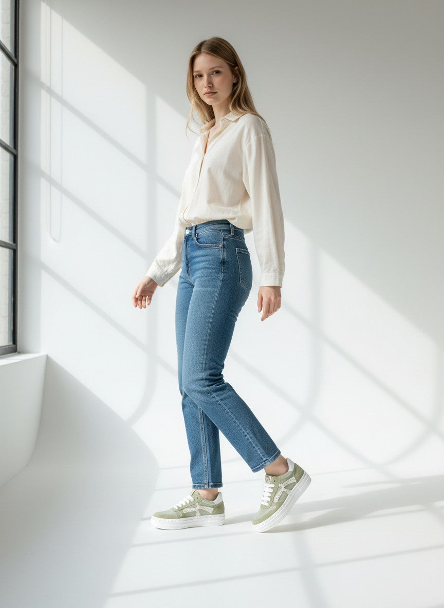 BubiniSegreti Federica Lancioni Sneaker in Salbeigrün aus Veloursleder mit Plateausohle an einem Model in Jeans