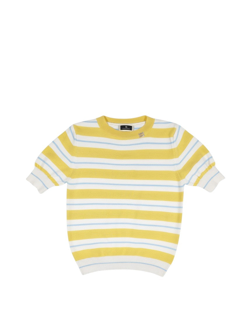 BubiniSegreti gestreifter Kurzarm Pullover aus Baumwolle in Gelb, Weiß und Hellblau mit Rundhalsausschnitt und Logo-Patch.