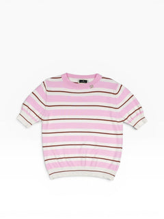 BubiniSegreti gestreifter Kurzarm Pullover in Rosa, Weiß und Braun mit Rundhalsausschnitt und Logo-Detail.