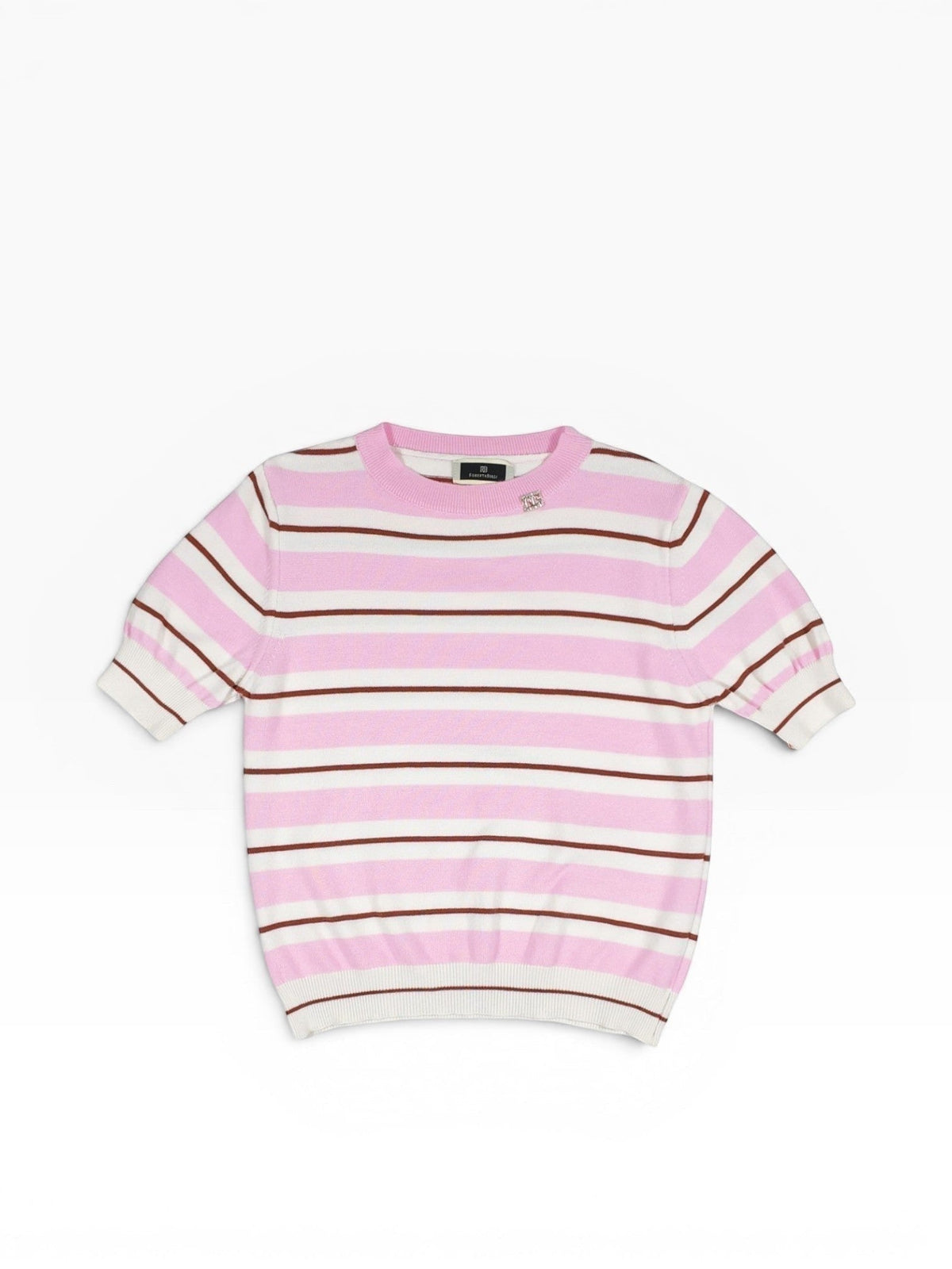 BubiniSegreti gestreifter Kurzarm Pullover in Rosa, Weiß und Braun mit Rundhalsausschnitt und Logo-Detail.