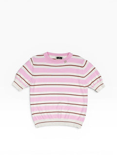 BubiniSegreti gestreifter Kurzarm Pullover in Rosa, Weiß und Braun mit Rundhalsausschnitt und Logo-Detail.