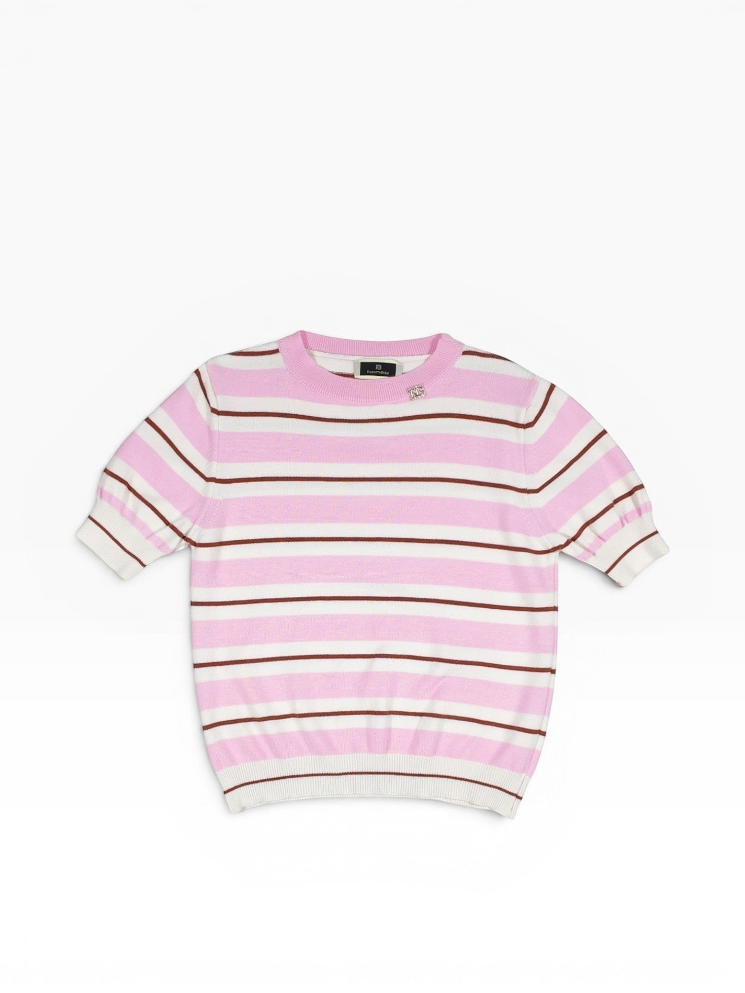 BubiniSegreti gestreifter Kurzarm Pullover in Rosa, Weiß und Braun mit Rundhalsausschnitt und Logo-Detail.