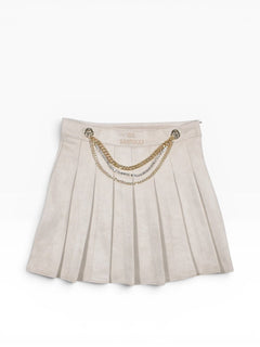 BubiniSegreti GIL SANTUCCI plissierter Minirock in Beige mit dekorativer Goldketten-Verzierung und Logo-Stickerei.