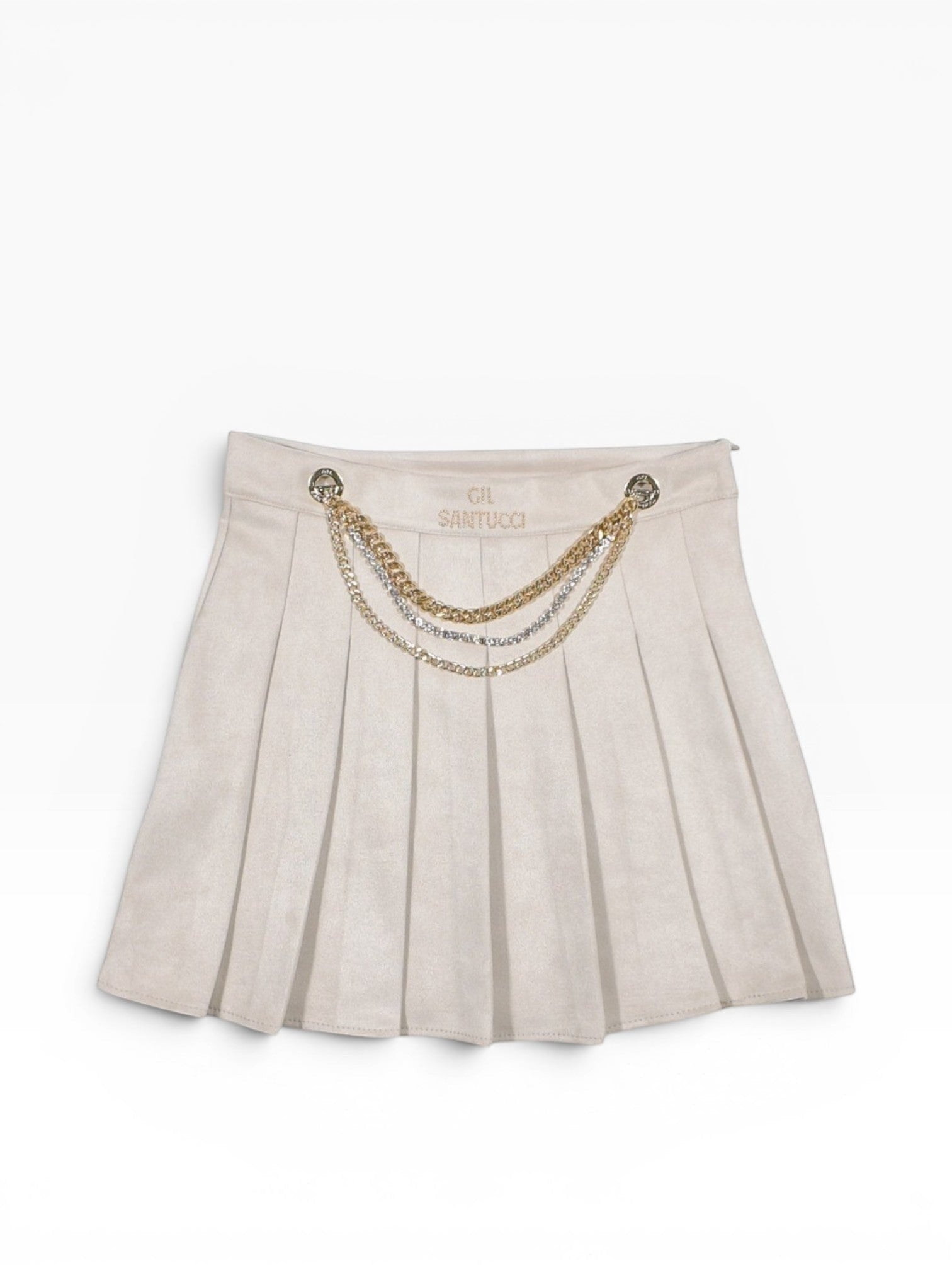 BubiniSegreti GIL SANTUCCI plissierter Minirock in Beige mit dekorativer Goldketten-Verzierung und Logo-Stickerei.