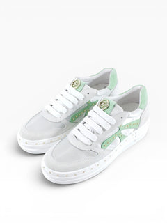 BubiniSegreti Damen Sneaker in Grau und Mintgrün aus Veloursleder mit Nietenverzierung und breiter Schnürung