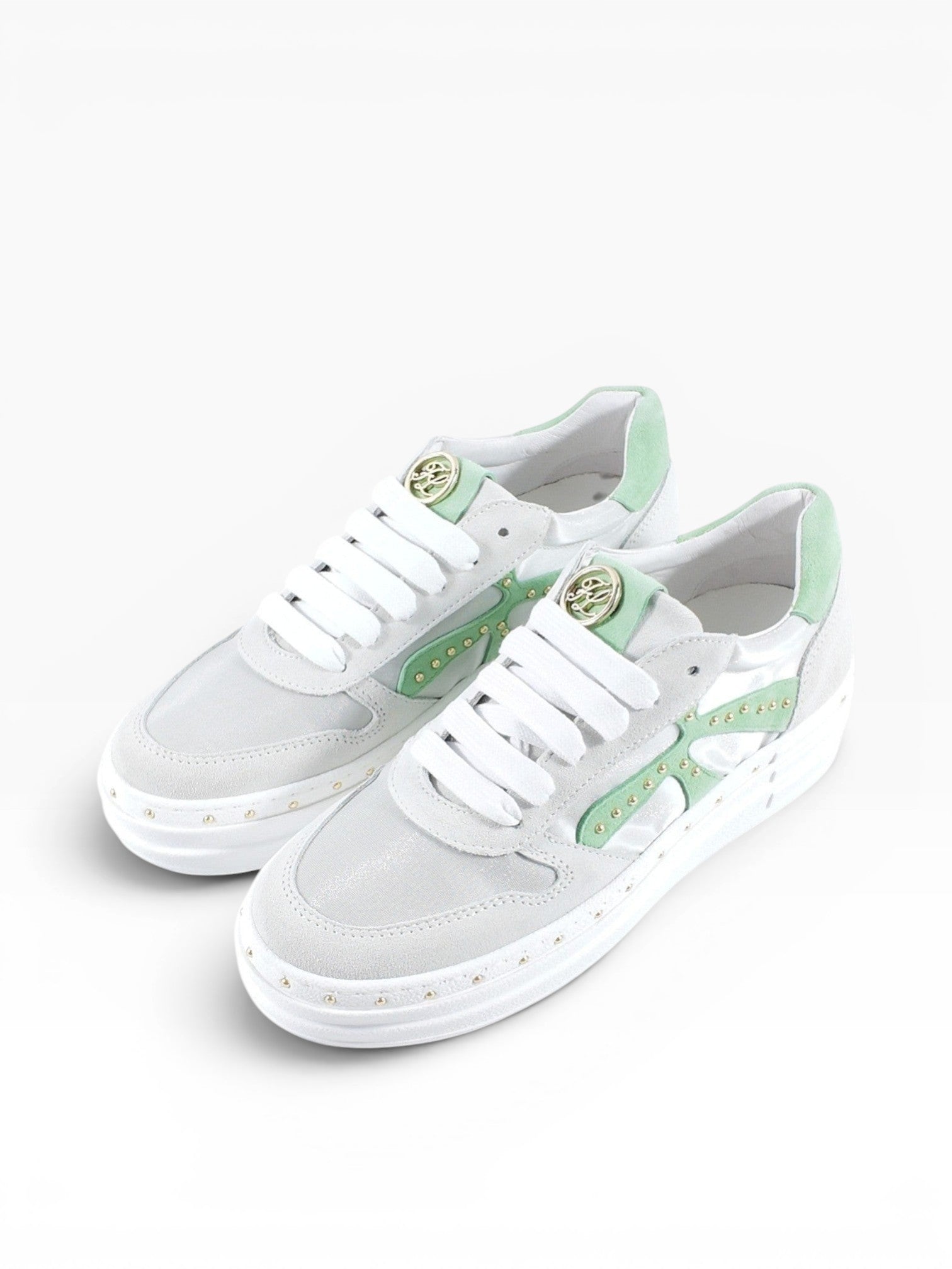 BubiniSegreti Damen Sneaker in Grau und Mintgrün aus Veloursleder mit Nietenverzierung und breiter Schnürung
