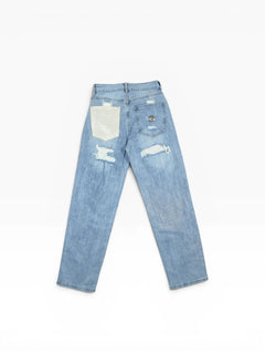 BubiniSegreti hellblaue Damen Jeans aus Baumwolle mit geradem Bein, Used-Look und Strass-Tasche