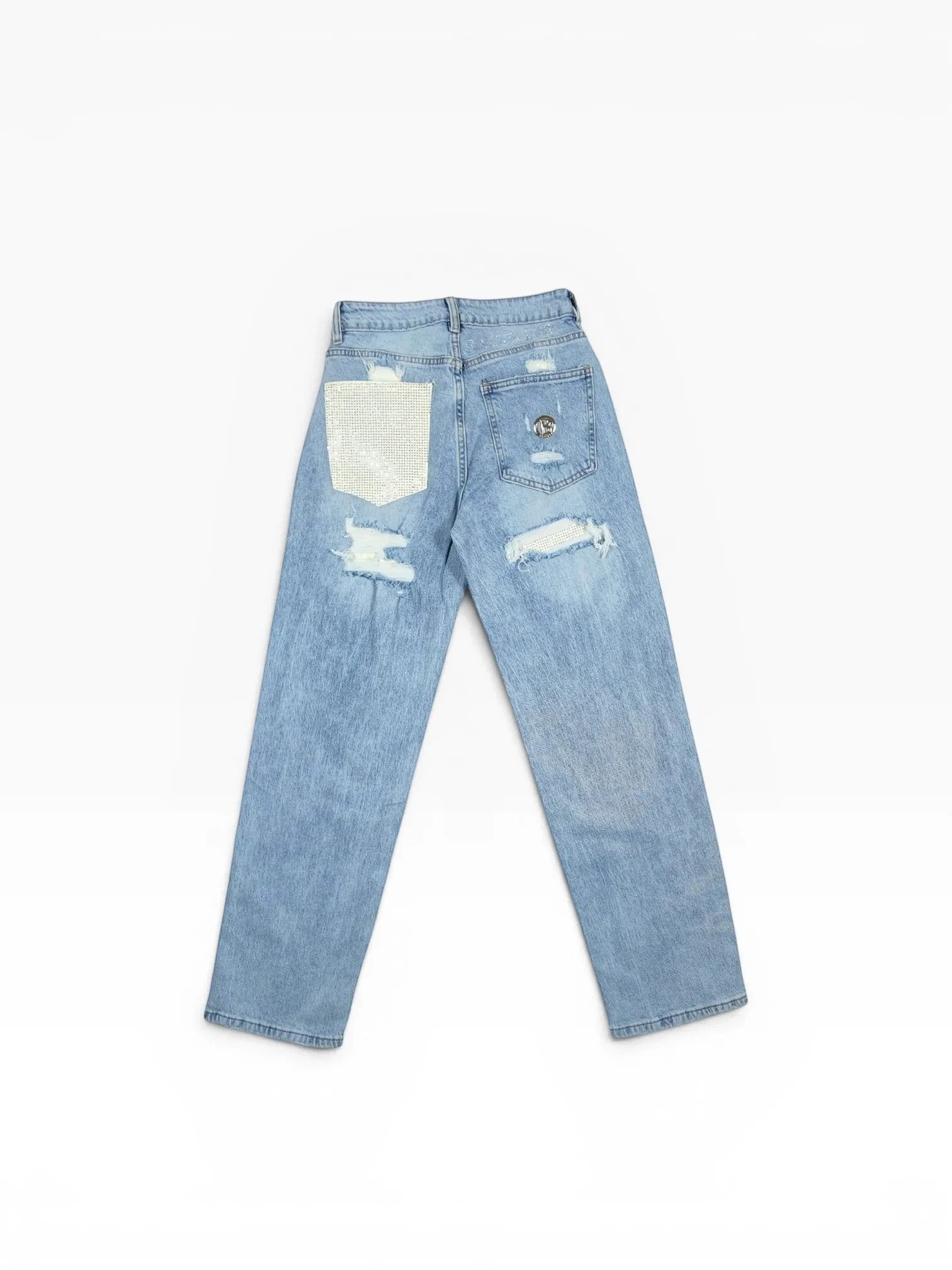 BubiniSegreti hellblaue Damen Jeans aus Baumwolle mit geradem Bein, Used-Look und Strass-Tasche