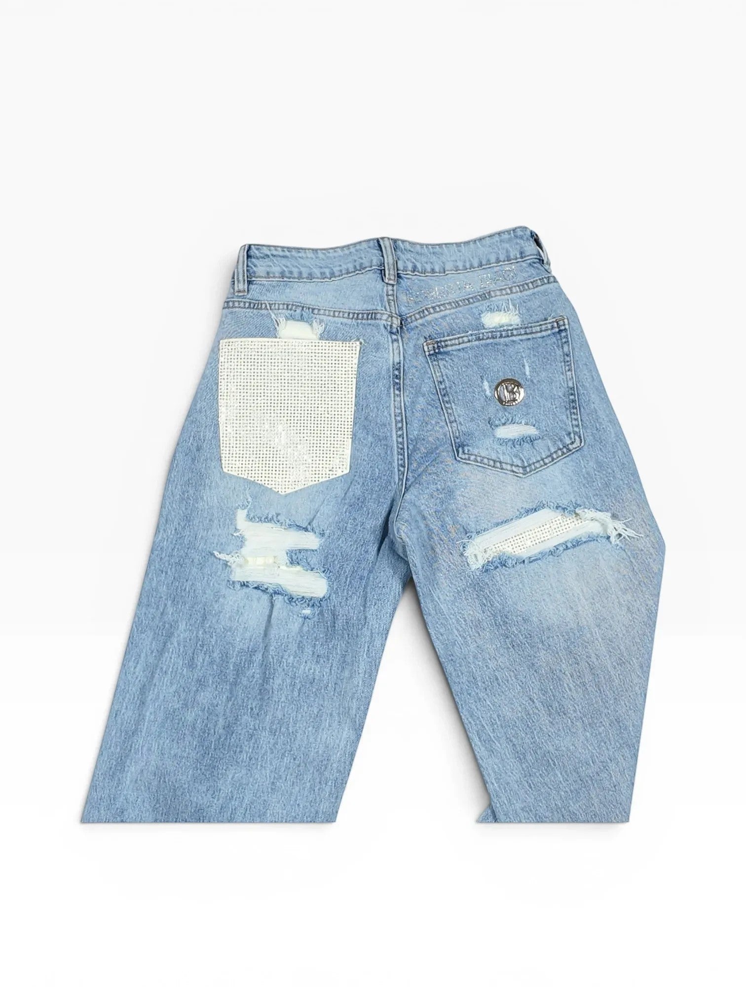 BubiniSegreti hellblaue Damen Jeans aus Baumwolle mit Used-Look, Rissen und Strass-Taschen