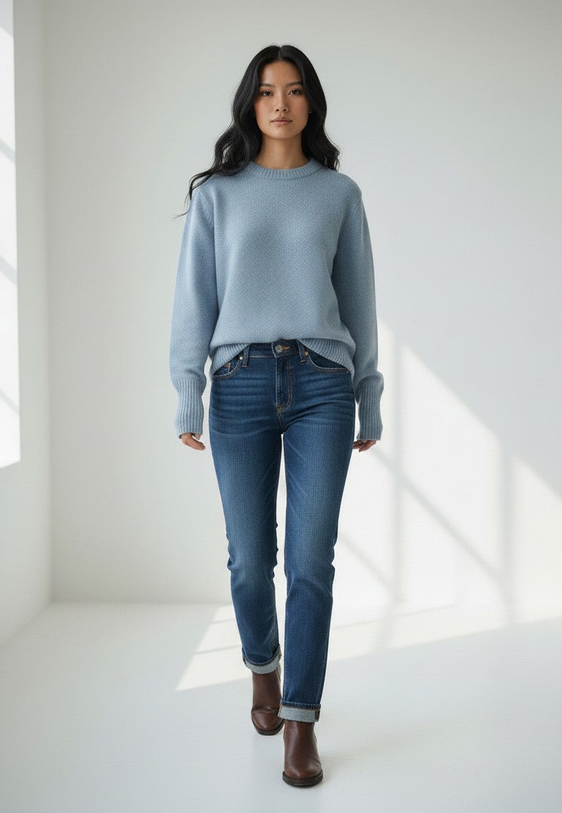 BubiniSegreti Damen Strickpullover in Hellblau mit Rundhalsausschnitt und Rippbündchen, kombiniert mit blauer Jeans.