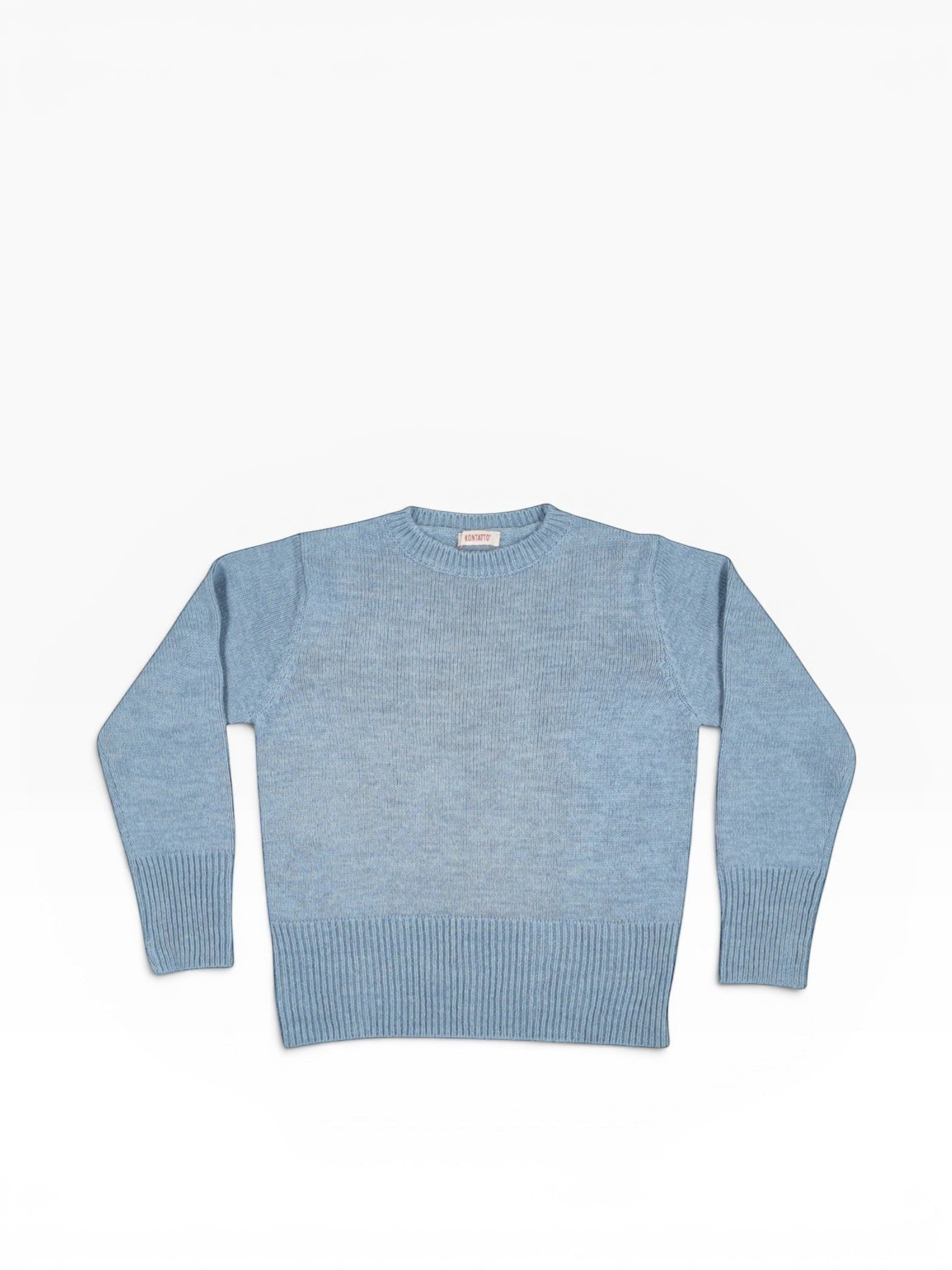 BubiniSegreti Damen Strickpullover in Hellblau mit Rundhalsausschnitt und breiten Rippbündchen aus feinem Strick