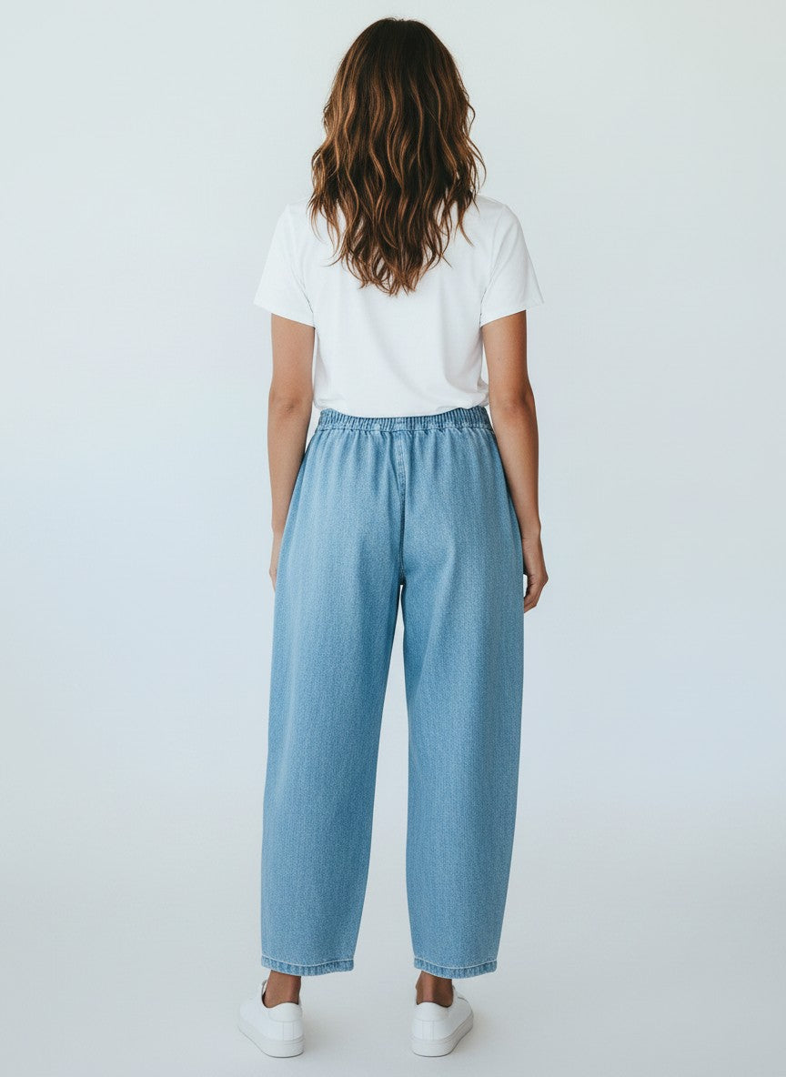 BubiniSegreti Jeans-Culotte in hellem Blau mit Wickeloptik und weitem Bein, elastischem Bund