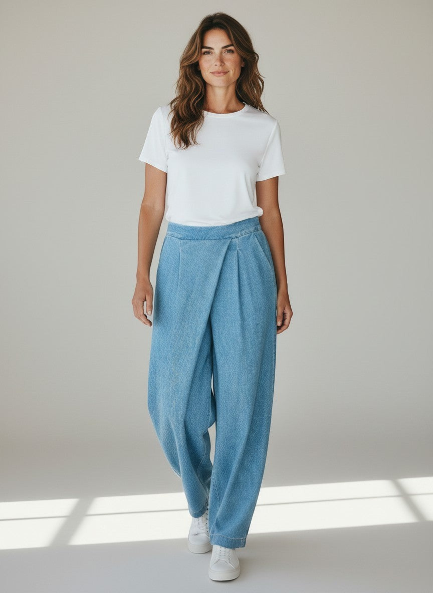 BubiniSegreti Jeans-Culotte in hellem Denim mit Wickeloptik und weitem Bein, elastischem Bund