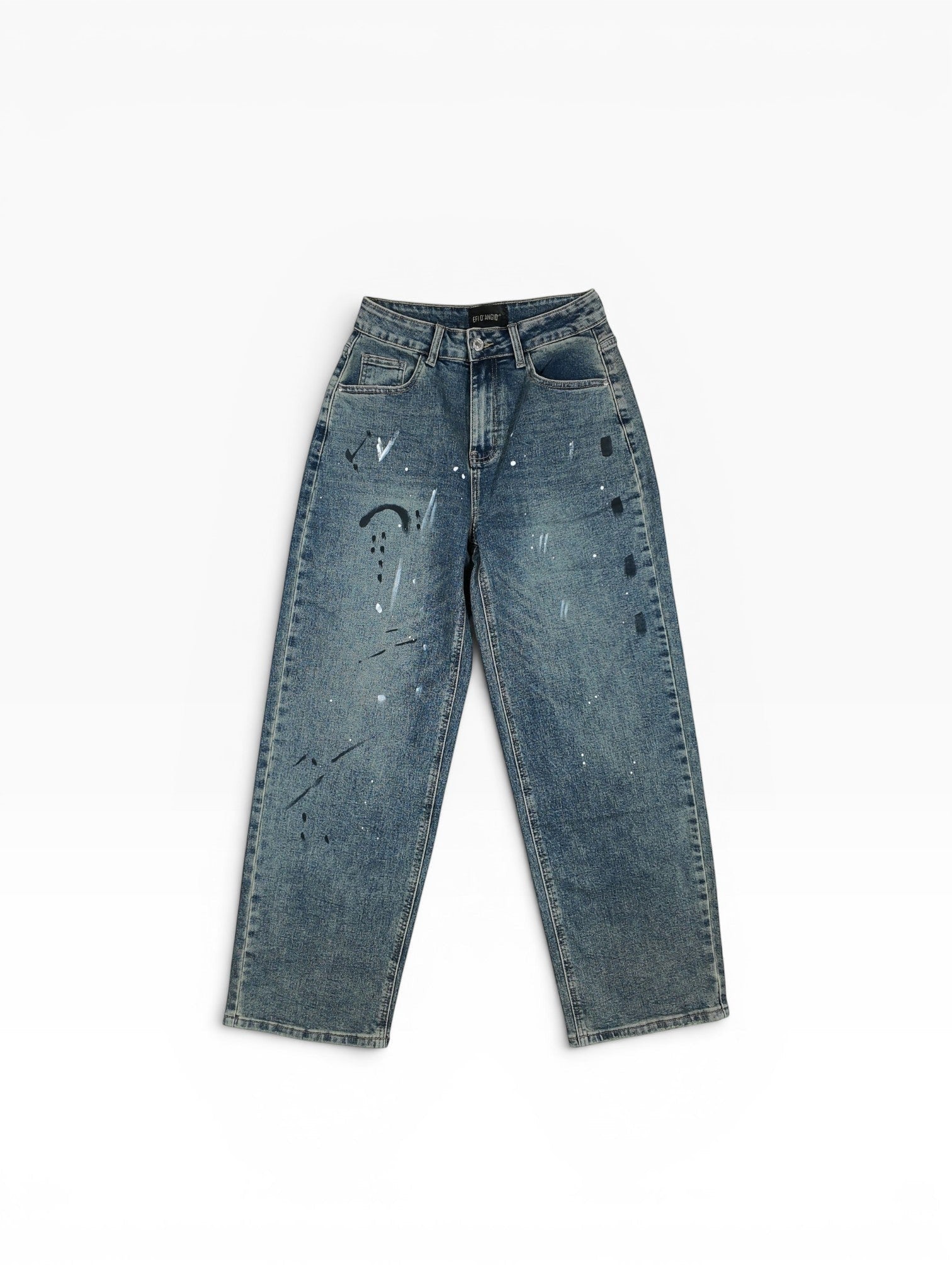 BubiniSegreti Jeans mit weitem Schnitt, blauem Denim und künstlerischem Paint-Splatter-Design in Schwarz und Weiß.