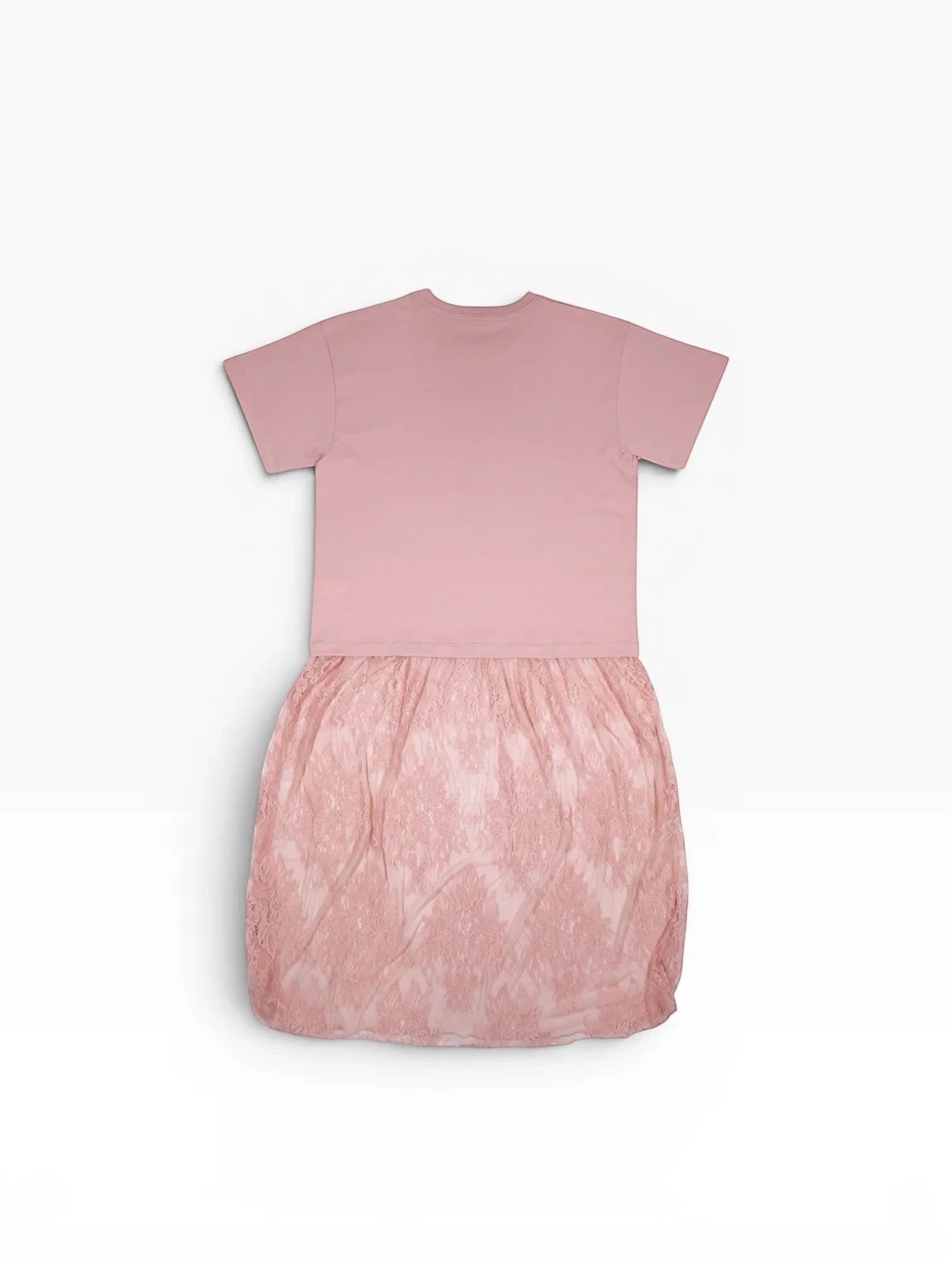 BubiniSegreti Kleid in Altrosa mit T-Shirt-Oberteil und ausgestelltem Rock aus feiner, floraler Spitze.