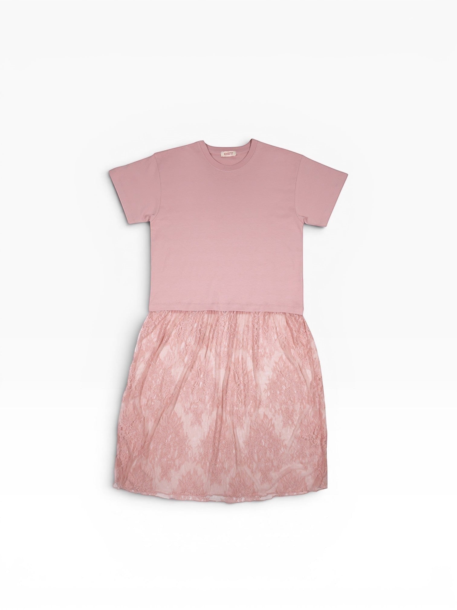 BubiniSegreti Kleid in Altrosa mit T-Shirt-Oberteil und romantischem Rock aus feiner Spitze für einen femininen Look.
