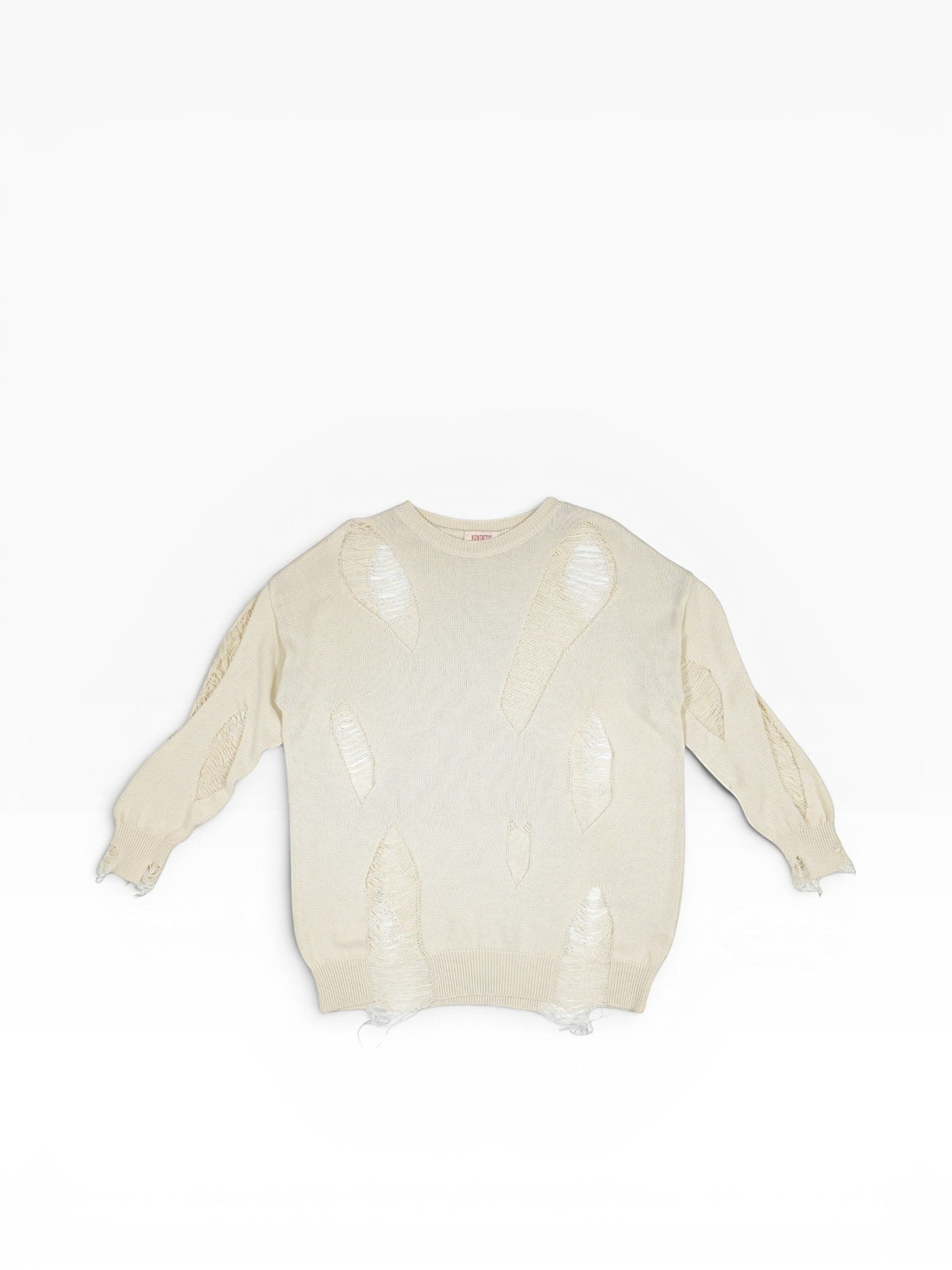 BubiniSegreti Oversized-Strickpullover in Creme mit Distressed-Look, Rundhalsausschnitt und modischen Rissen.