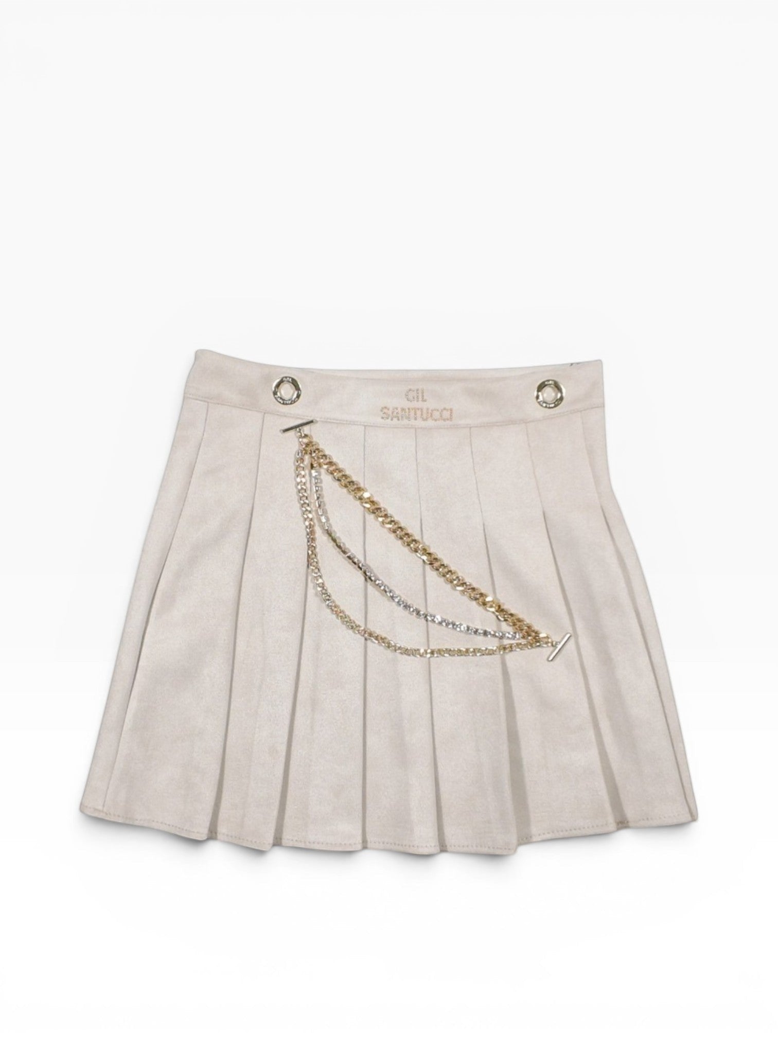 BubiniSegreti GIL SANTUCCI plissierter Minirock in Beige mit dekorativer Kettenverzierung und Logo-Stickerei.