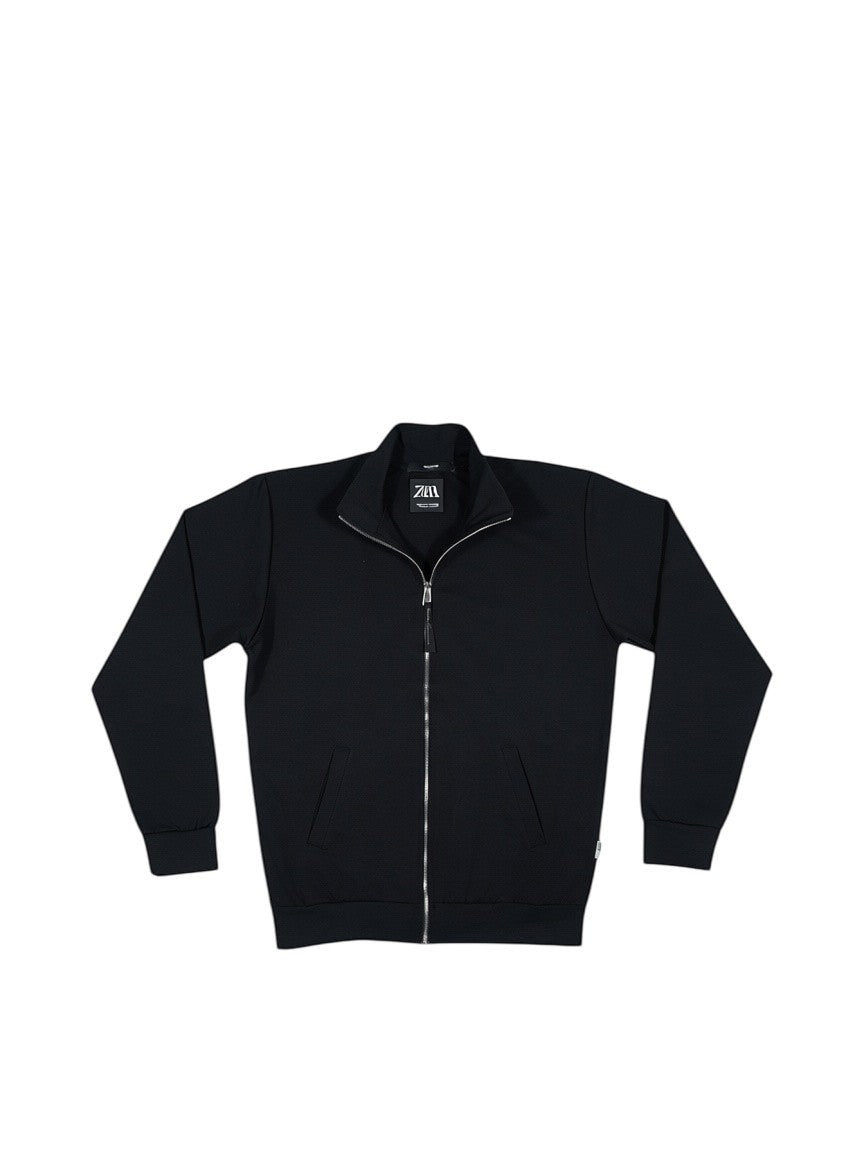 BubiniSegreti schwarze Herren-Trainingsjacke mit Stehkragen, durchgehendem silbernem Reißverschluss und elastischen Bündchen