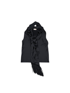 BubiniSegreti ärmellose schwarze Seidenbluse mit elegantem Schalkragen und zartem Fransenbesatz