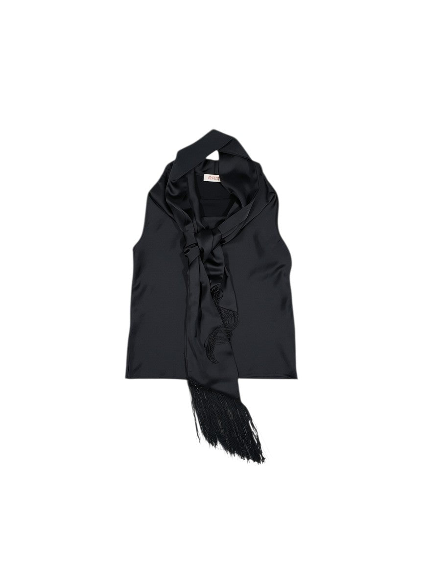 BubiniSegreti ärmellose schwarze Seidenbluse mit elegantem Schalkragen und zartem Fransenbesatz