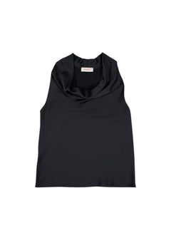 Schwarze ärmellose BubiniSegreti Seidenbluse mit elegantem Wasserfallkragen und glänzendem Finish
