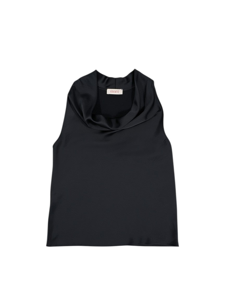 Schwarze ärmellose BubiniSegreti Seidenbluse mit elegantem Wasserfallkragen und glänzendem Finish