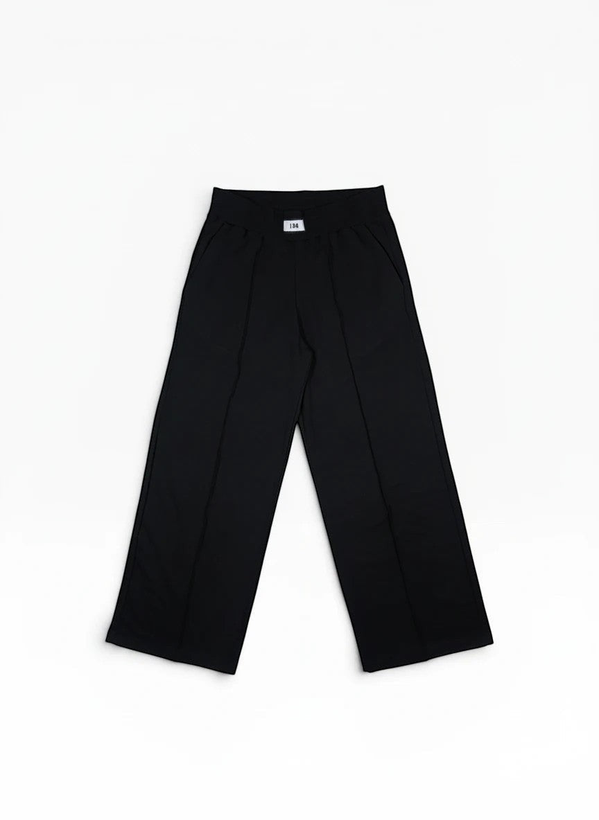 BubiniSegreti schwarze Damen-Stoffhose mit weitem Bein und Ziernaht in minimalistischem Design