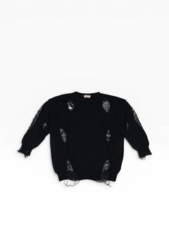 BubiniSegreti schwarzer Pullover mit Rundhalsausschnitt, Distressed-Look, Rissen und ausgefransten Details im Grunge-Stil
