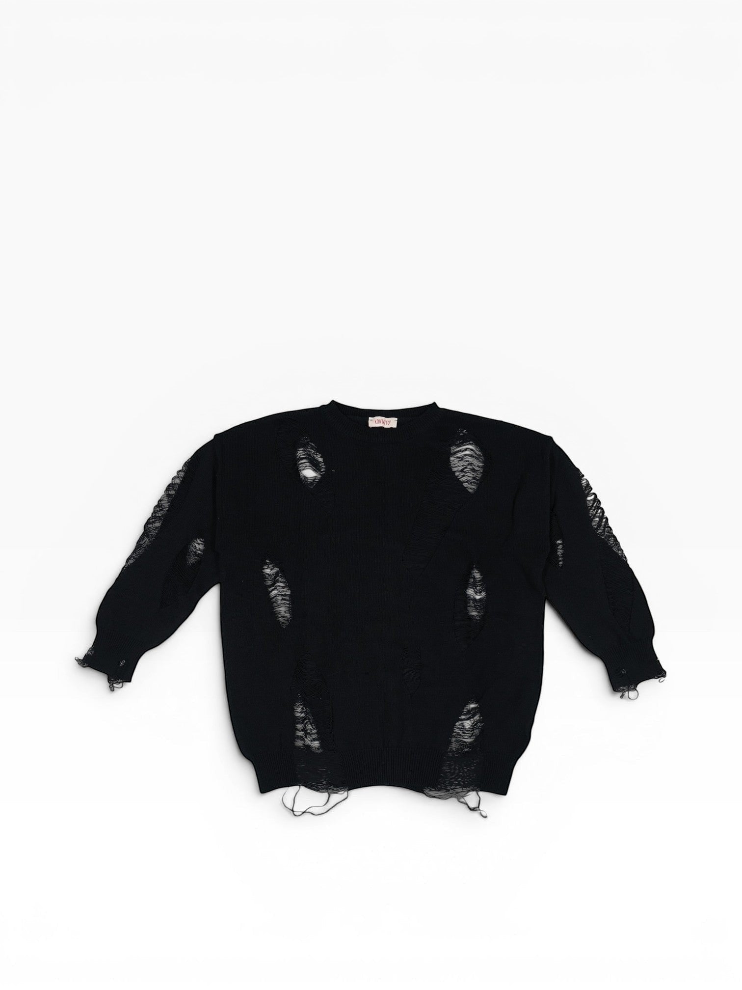 BubiniSegreti schwarzer Pullover mit Rundhalsausschnitt, Distressed-Look, Rissen und ausgefransten Details im Grunge-Stil