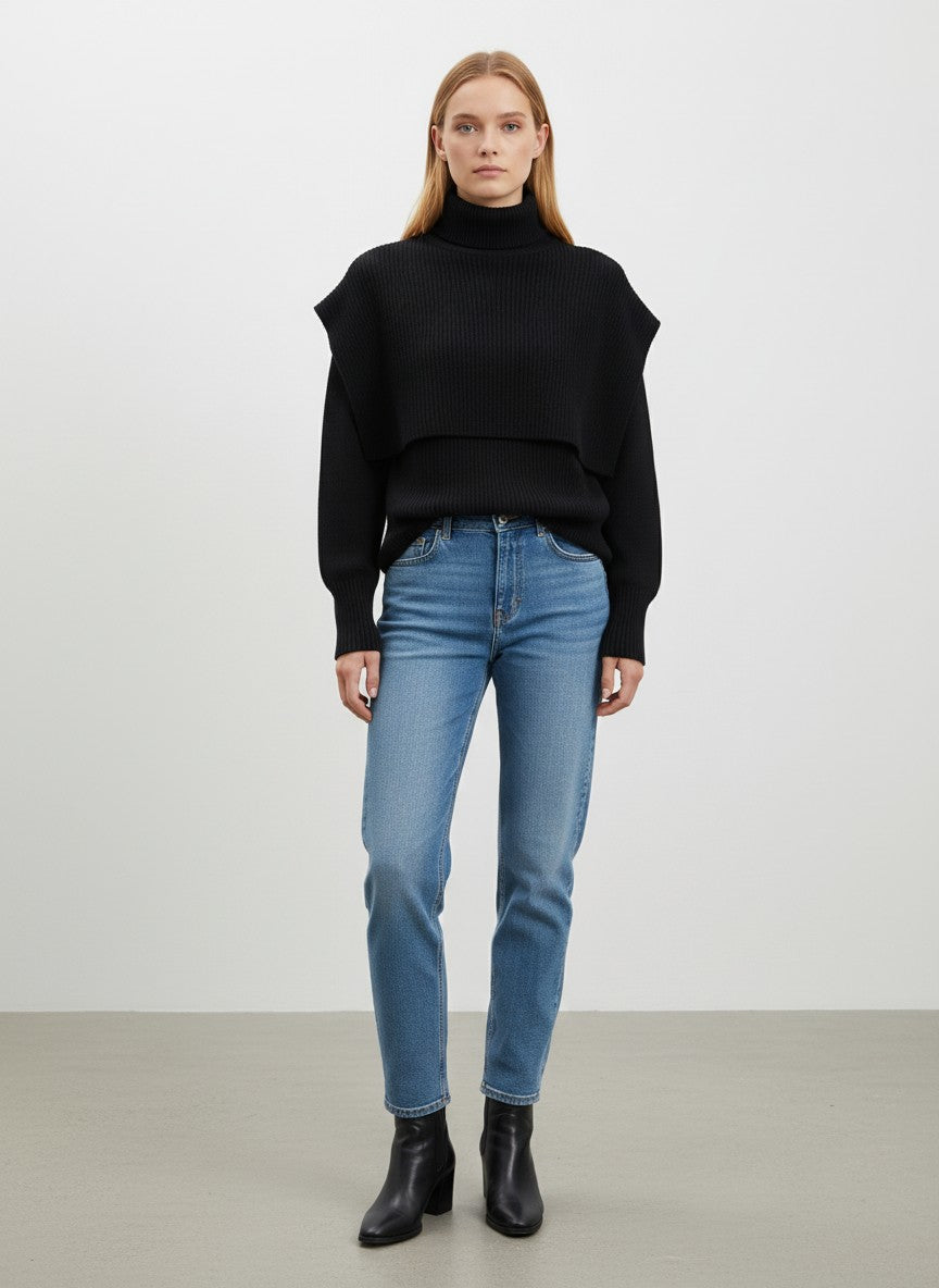 BubiniSegreti schwarzer Strickpullover mit Rollkragen, überlappender Schulterpartie und Rippbündchen an einer Frau