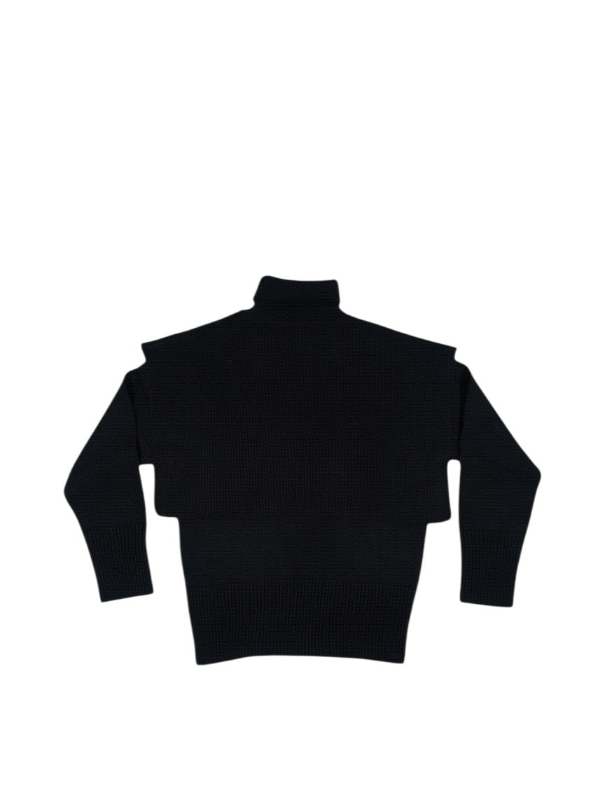 BubiniSegreti schwarzer Strickpullover mit Rollkragen, überlappender Schulterpartie und breiten Rippbündchen